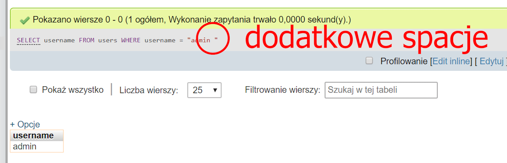 Dodatkowe spacje w zapytaniu